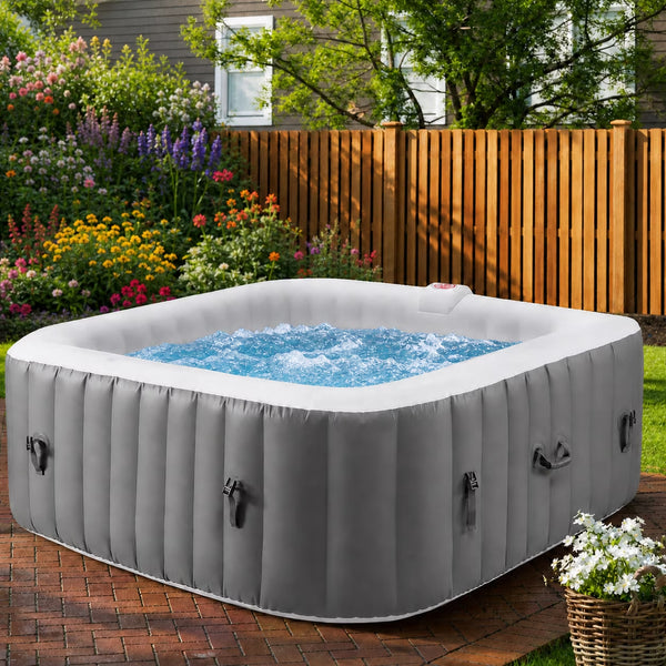 73In Square Hot Tub for 4-6 Person,  Inflatable Hot Tub Home SPA for Outdoor, 910L Capacity, 130Pcs Massage Jets, W/4 Filters, Lockable Cover, Storage Bag, 2 Cup Holder, Gray